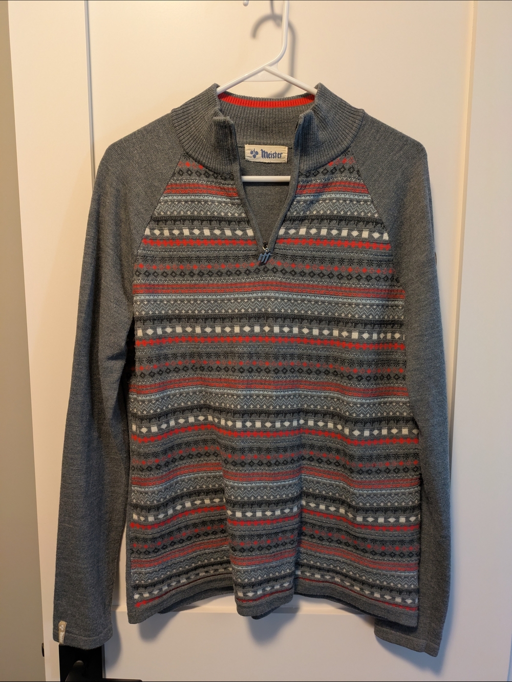 Meister Women's Gray Half-Zip Fair Isle Sweater with Red Accents